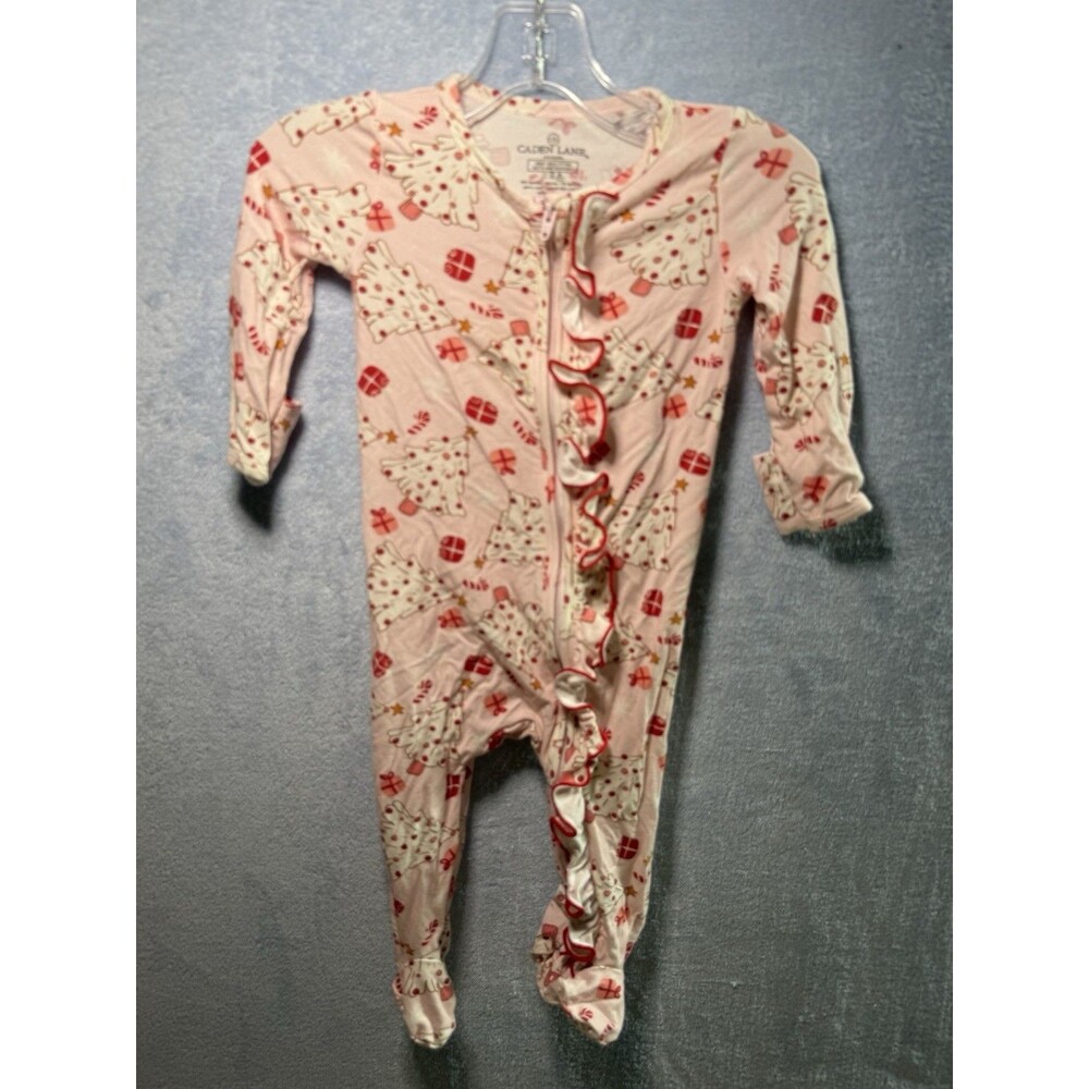 Caden Lane Bamboo Ruffle Footie Sleeper Baby Girls Christmas Zip PJs—3-6 Mos